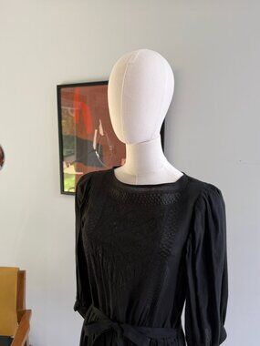 Vintage 1970s Black Gauze Embroidered Puff Sleeve Peasant Dress Small